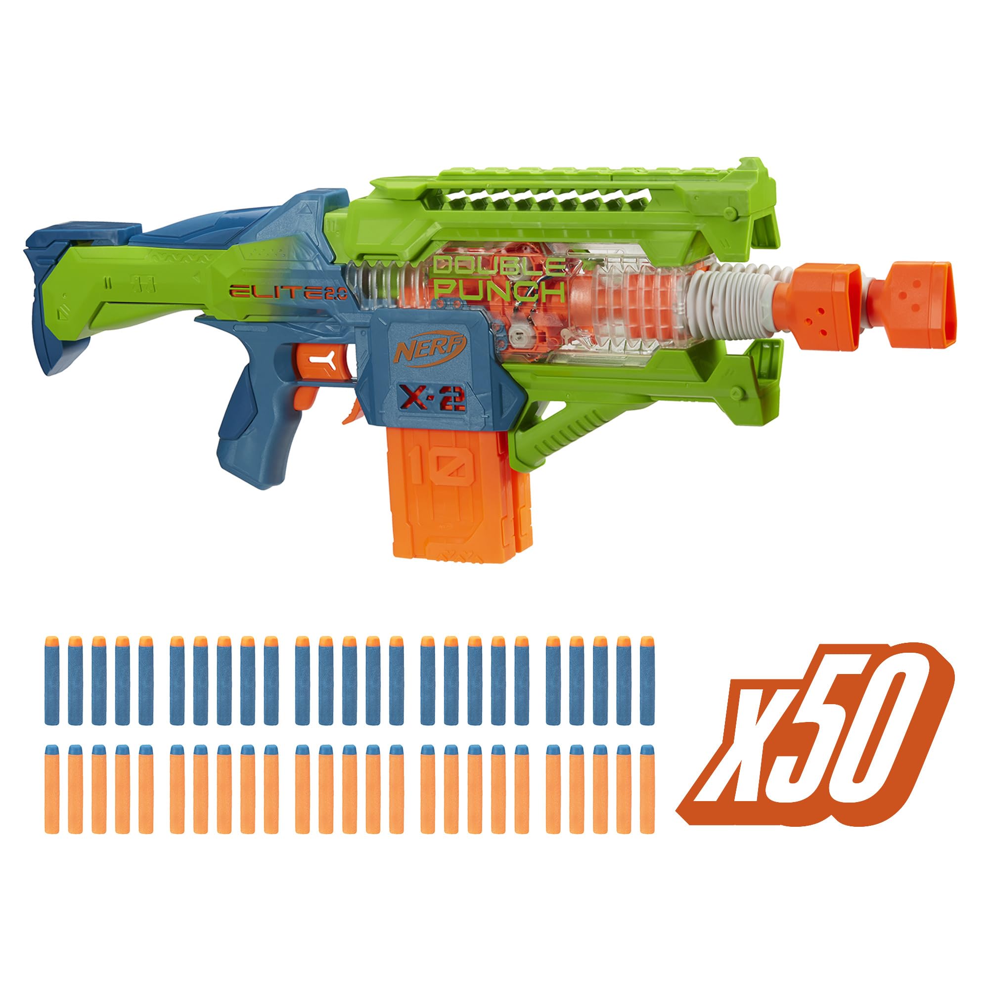 Nerf Elite 2.0 Double Punch blaster front view with rapid alternating barrels for fast firing
