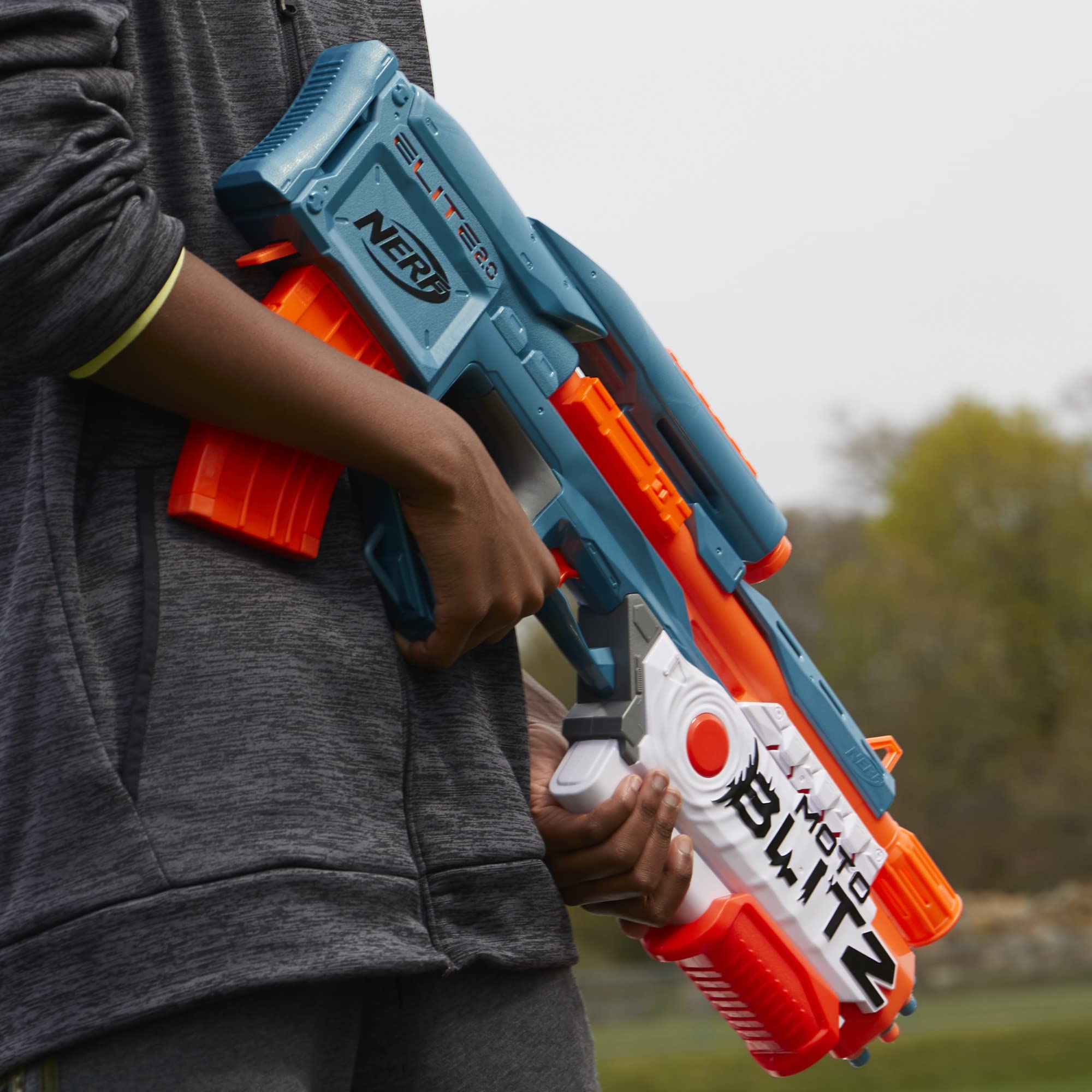 Nerf Elite 2.0 Motoblitz battery compartment for motorized blasting power.