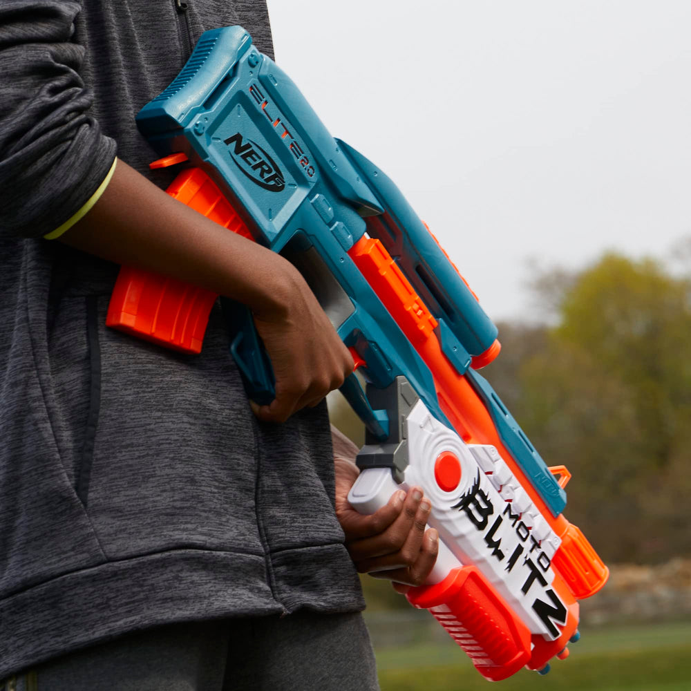 Nerf Elite 2.0 Motoblitz battery compartment for motorized blasting power.
