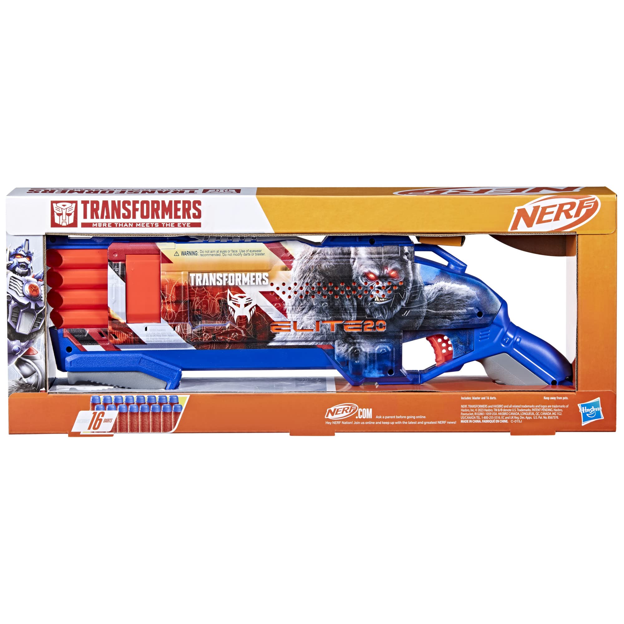 Nerf Elite 16-count darts pack shown with blaster compatibility