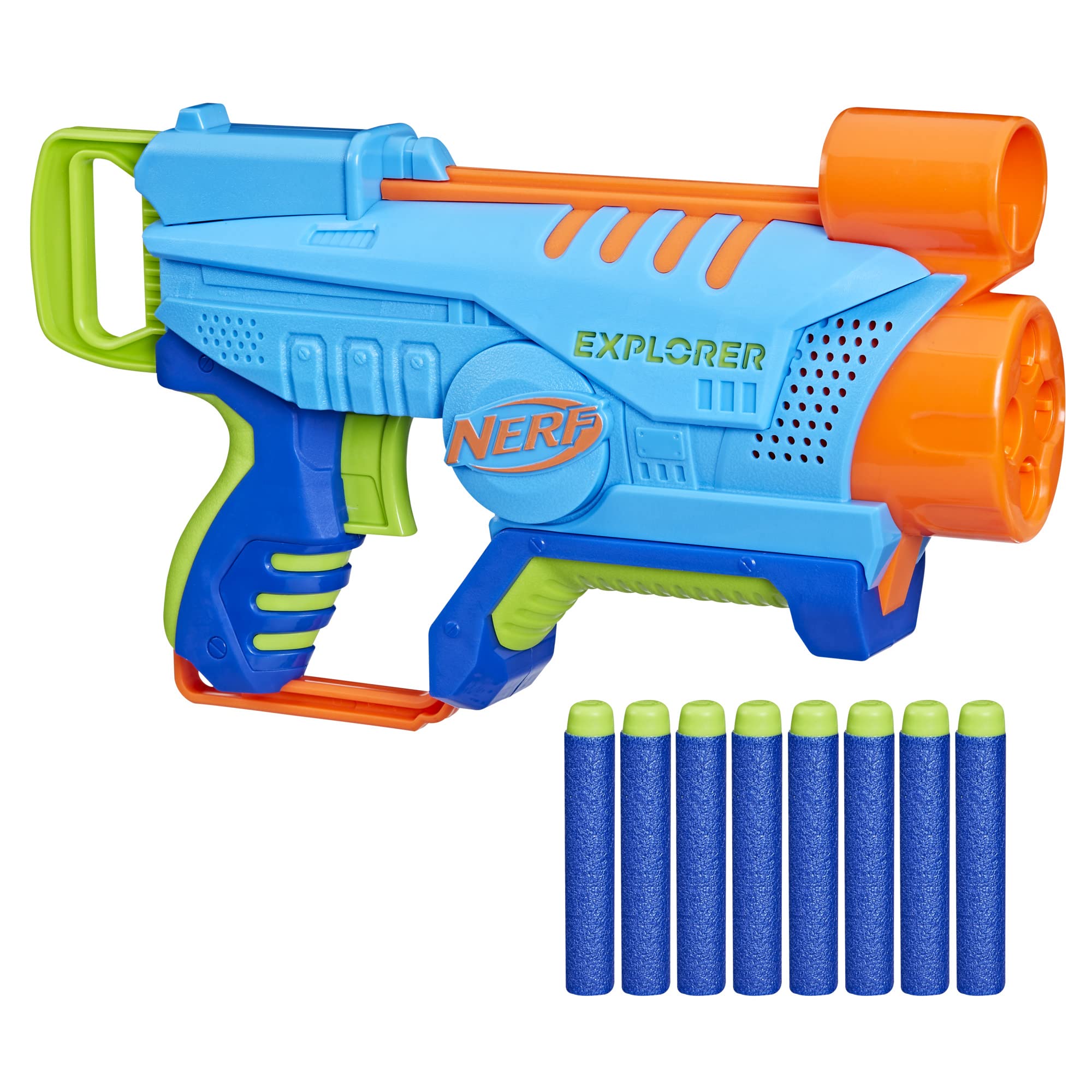 Nerf Elite Junior Explorer blaster front view for easy outdoor play