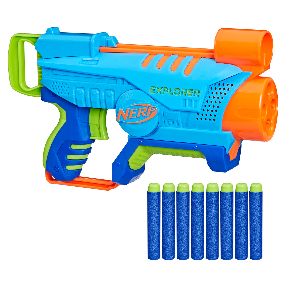 Nerf Elite Junior Explorer blaster front view for easy outdoor play