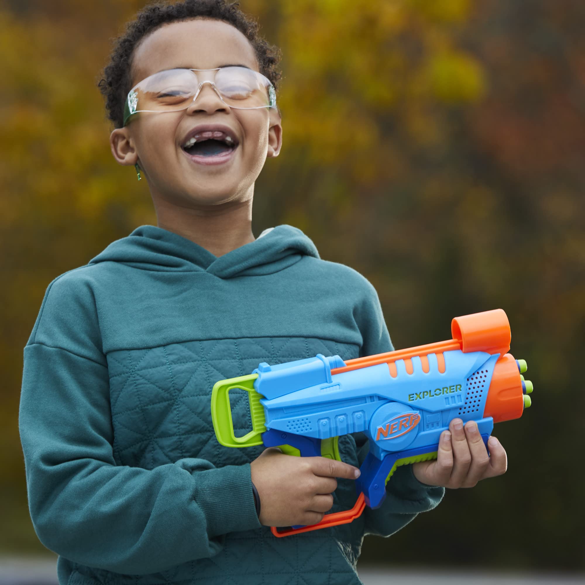 Nerf Elite Junior Explorer kid playing outdoors with friends