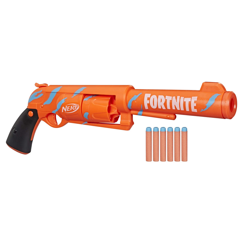Nerf Fortnite 6-SH hammer action priming for quick reloads.