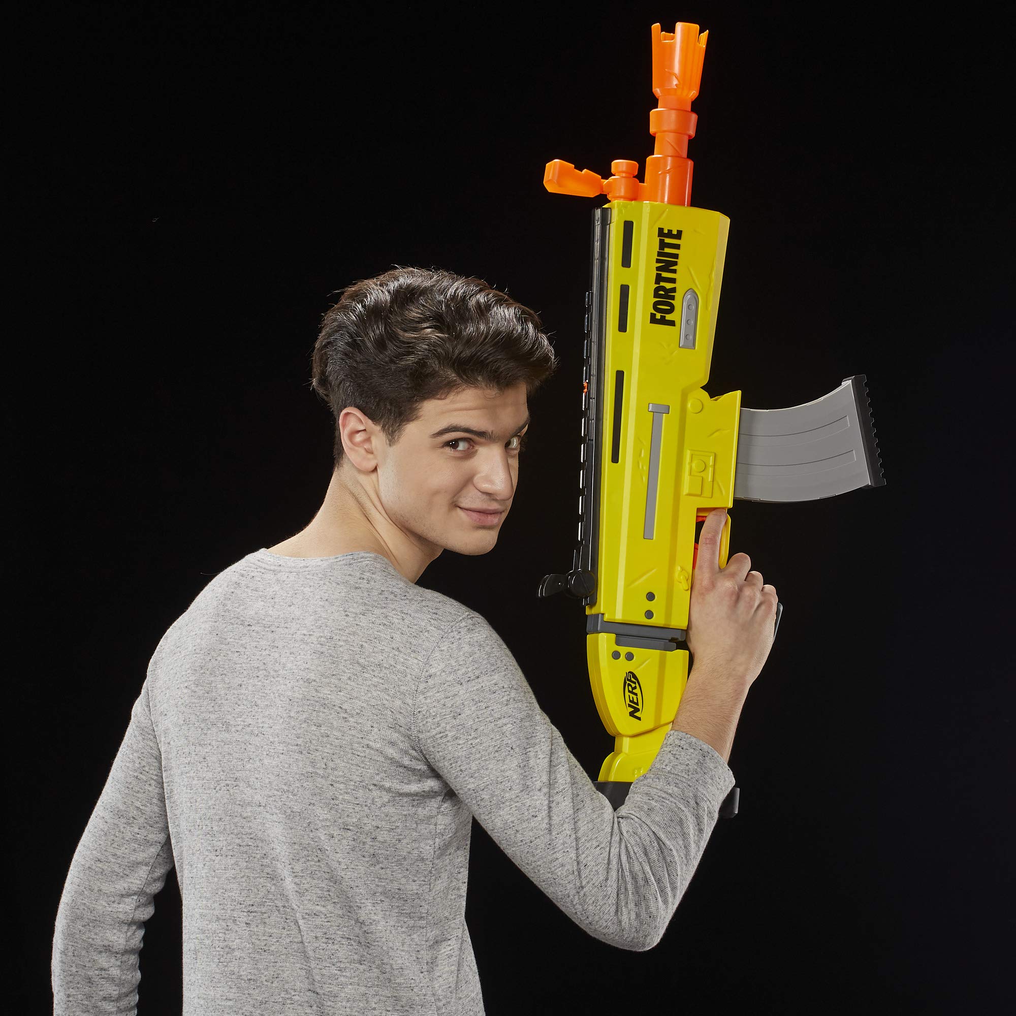 Battery compartment on Nerf AR-L blaster requiring batteries not included