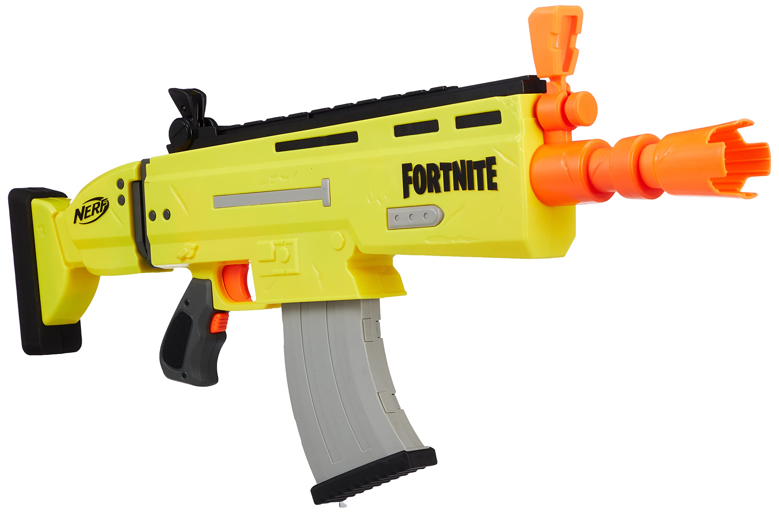 Nerf Fortnite AR-L blaster front view with motorized blasting action for fast play