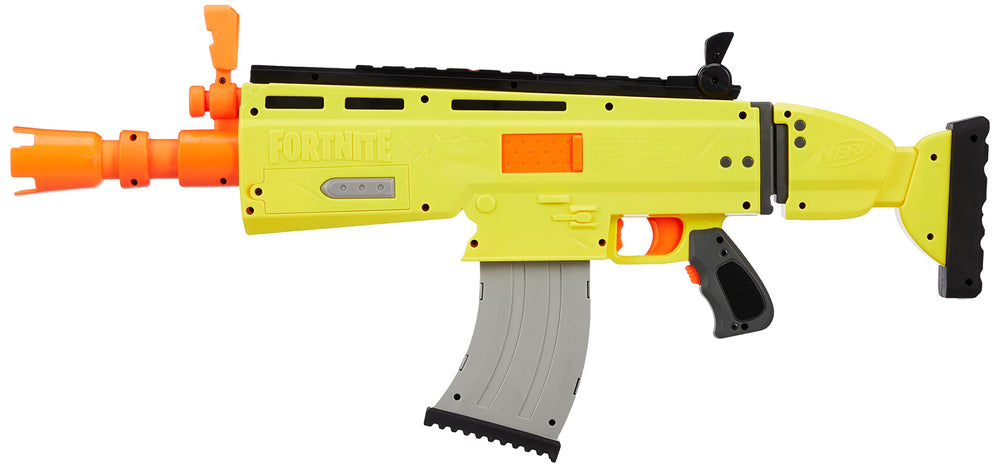 Nerf Fortnite AR-L blaster side view showing clip attachment for quick reloads