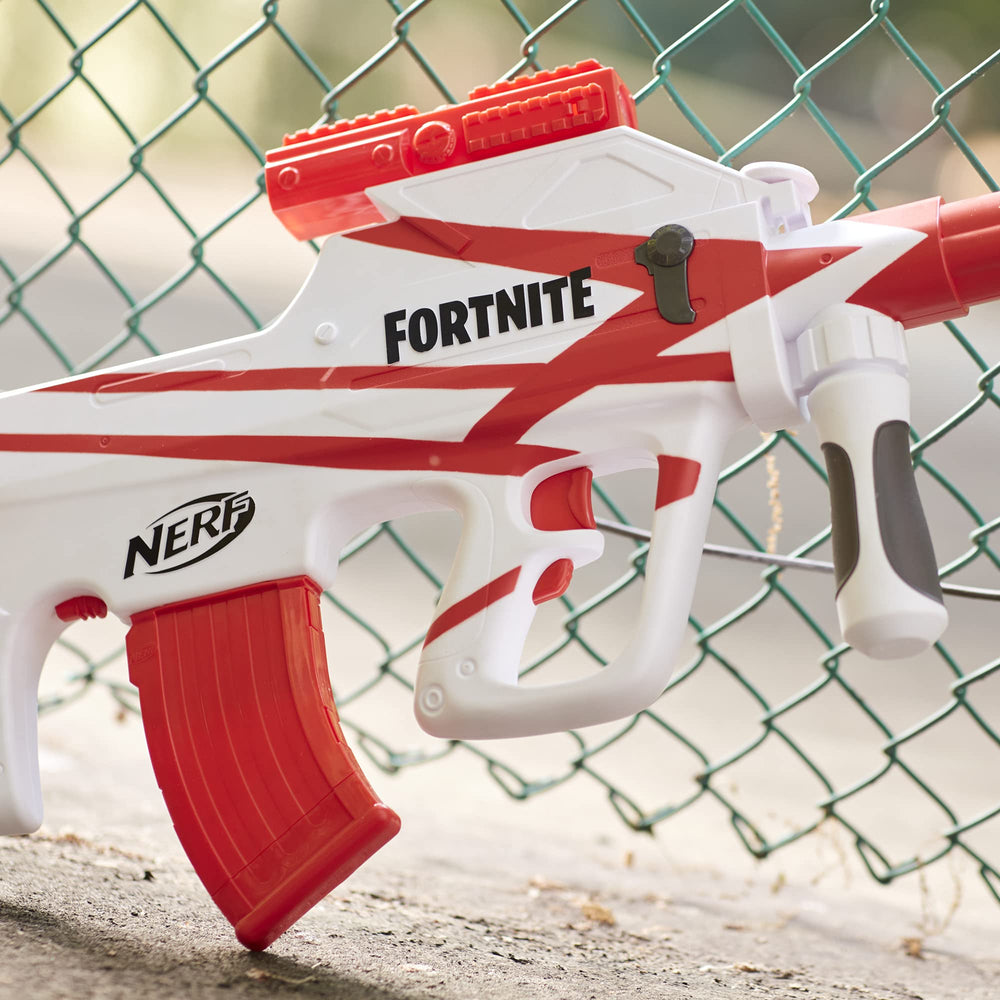 Battery compartment enables powering the motorized blaster for extended play
