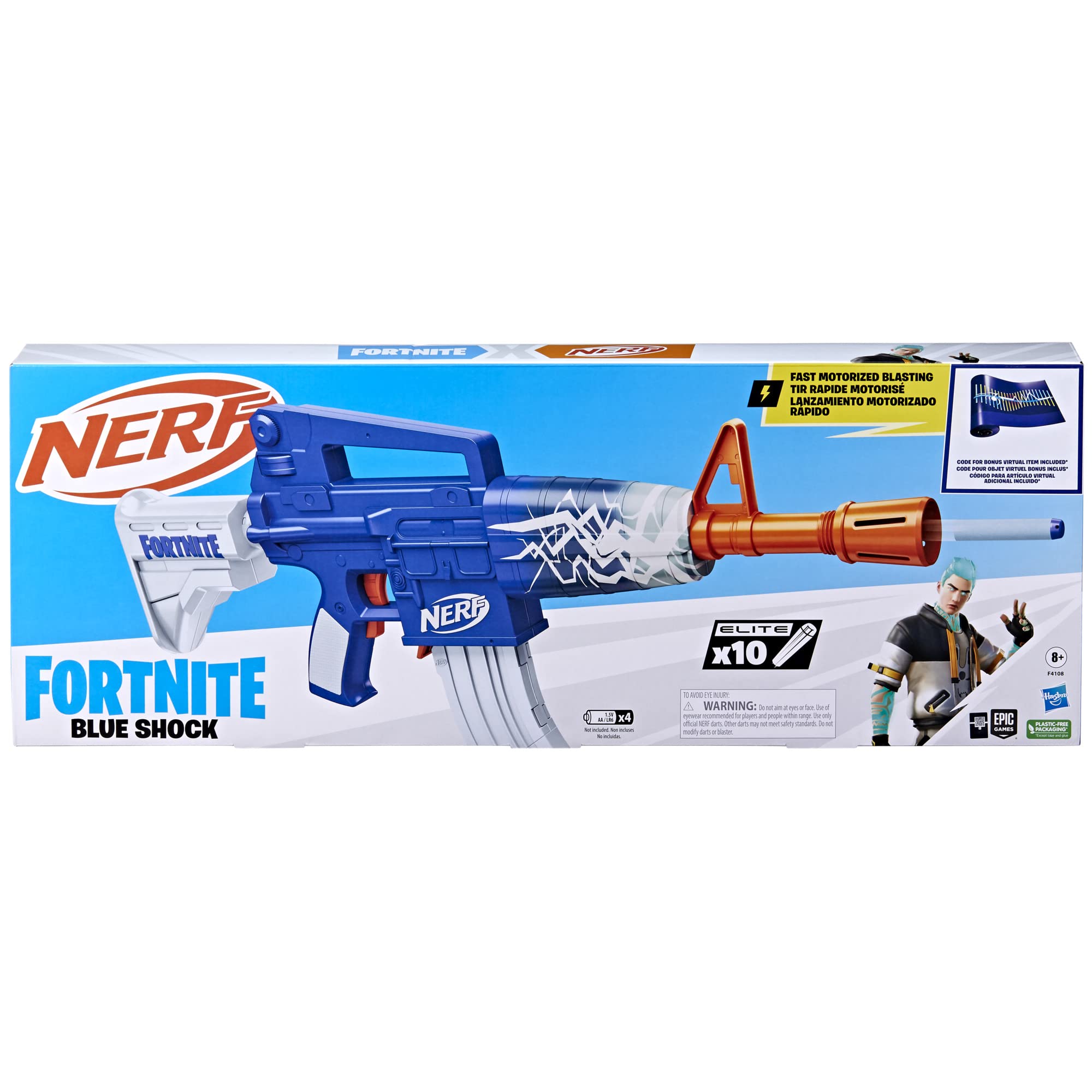 Nerf Fortnite Blue Shock Blaster side view highlights motorized blasting for fast action
