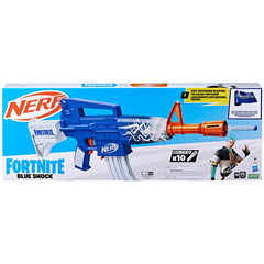 Nerf Fortnite Blue Shock Blaster side view highlights motorized blasting for fast action