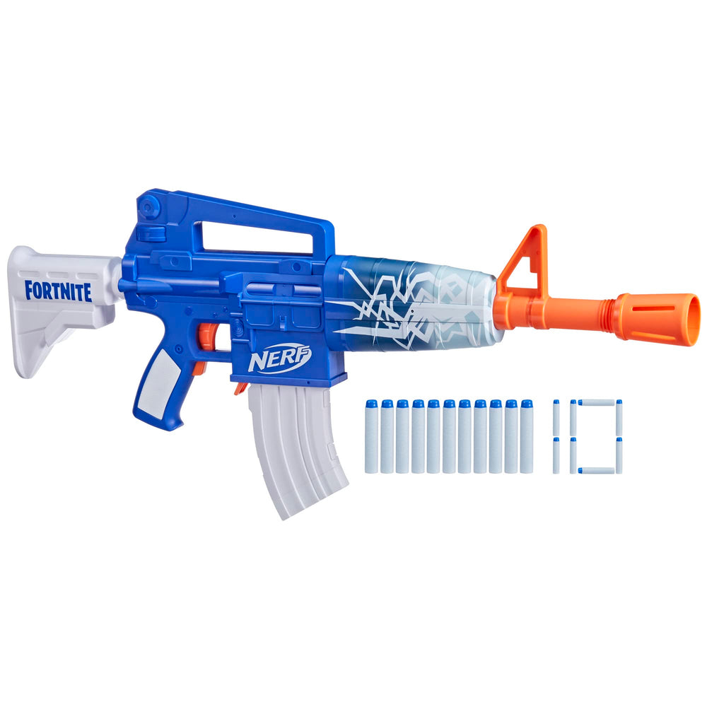 Nerf Fortnite Blue Shock blaster with blue wrap ready for action