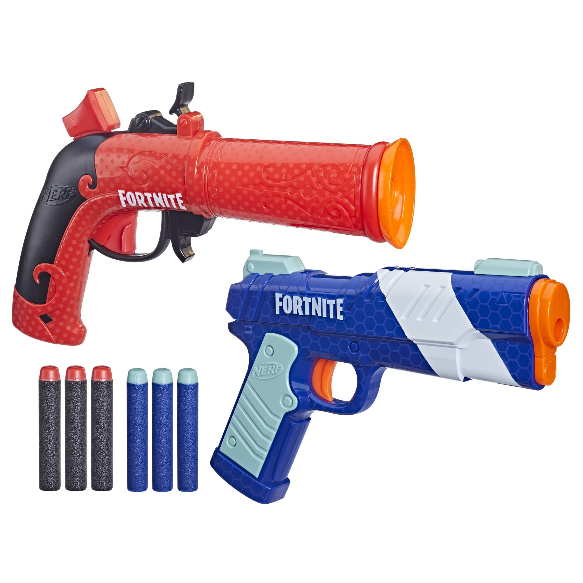 Nerf Fortnite dual pack Flint-Knock blaster, front view, quick hammer-primed action for outdoor play.