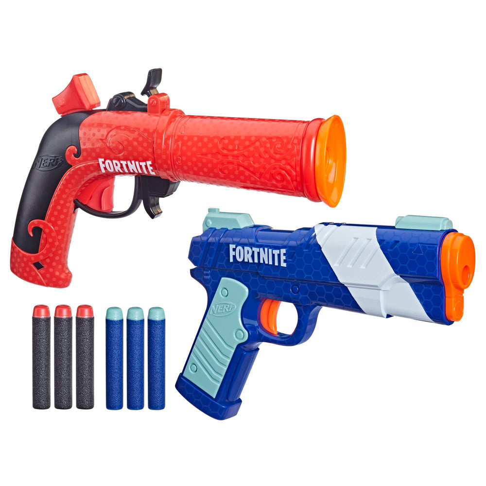 Nerf Fortnite dual pack Flint-Knock blaster, front view, quick hammer-primed action for outdoor play.