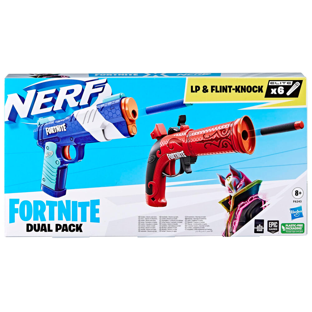 Outdoor duel scene featuring the Nerf Fortnite Dual Pack