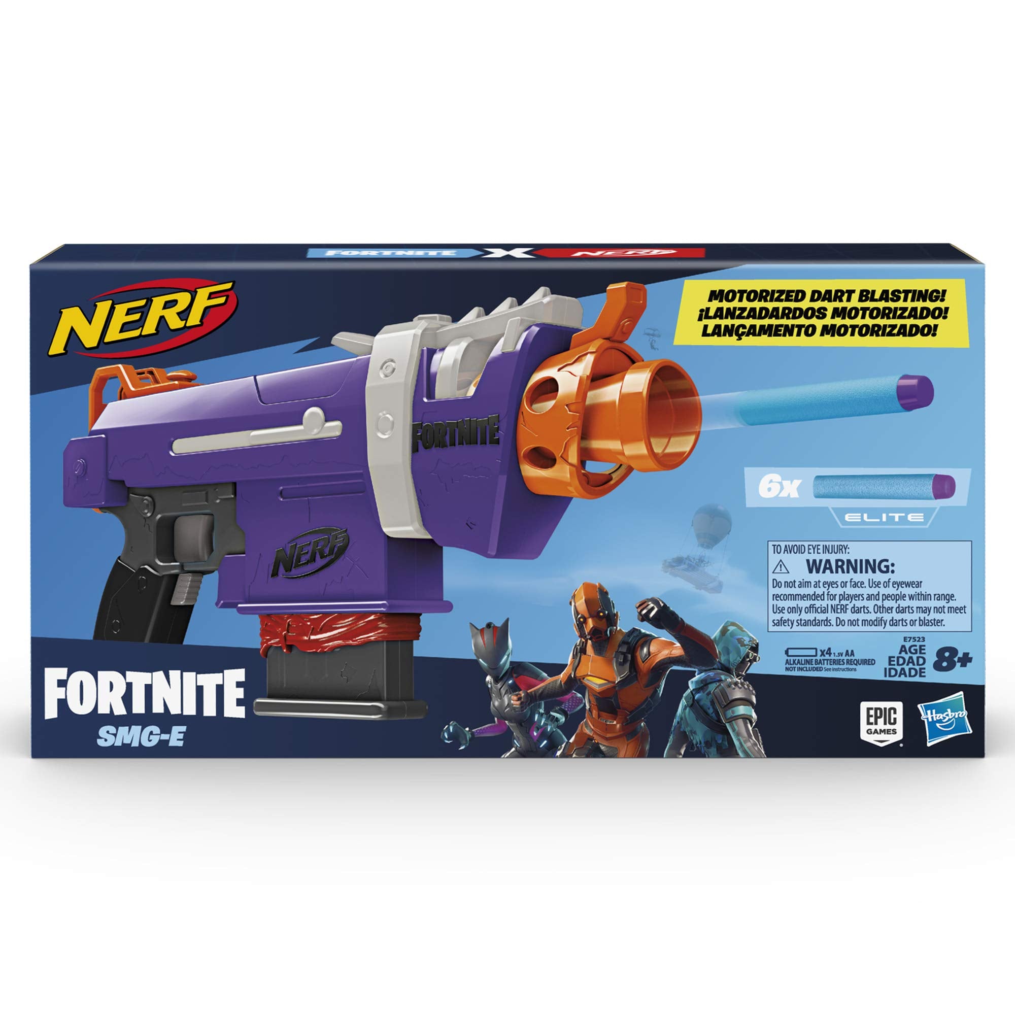 Nerf Fortnite SMG-E Blaster shows a 6-dart clip for quick reloads.