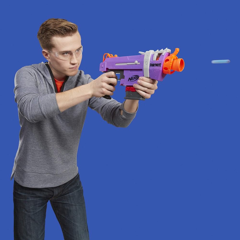 Nerf Fortnite SMG-E Blaster throttle button enables dynamic blasting.