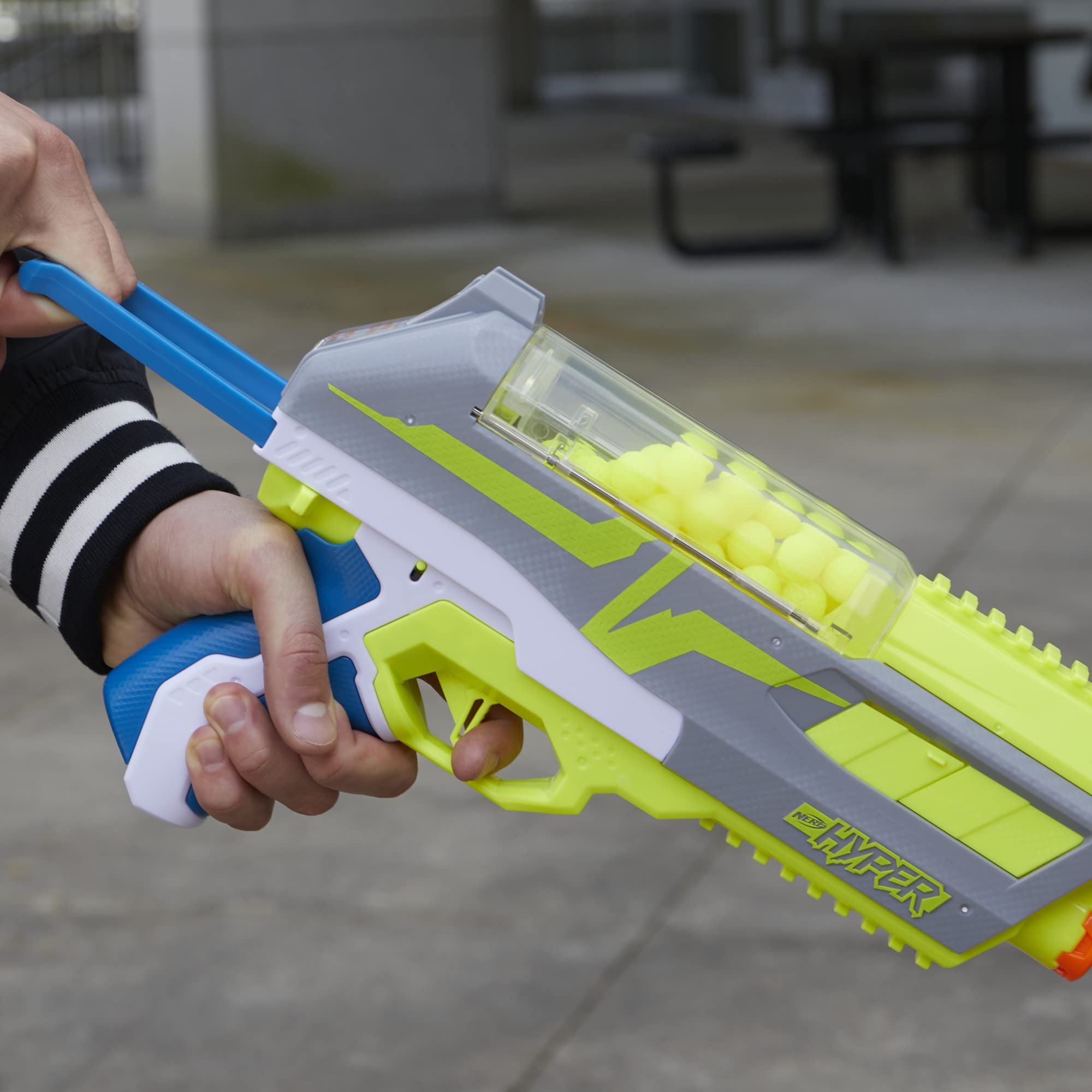 Nerf Hyper Impulse-40 priming handle for fast one-handed action.