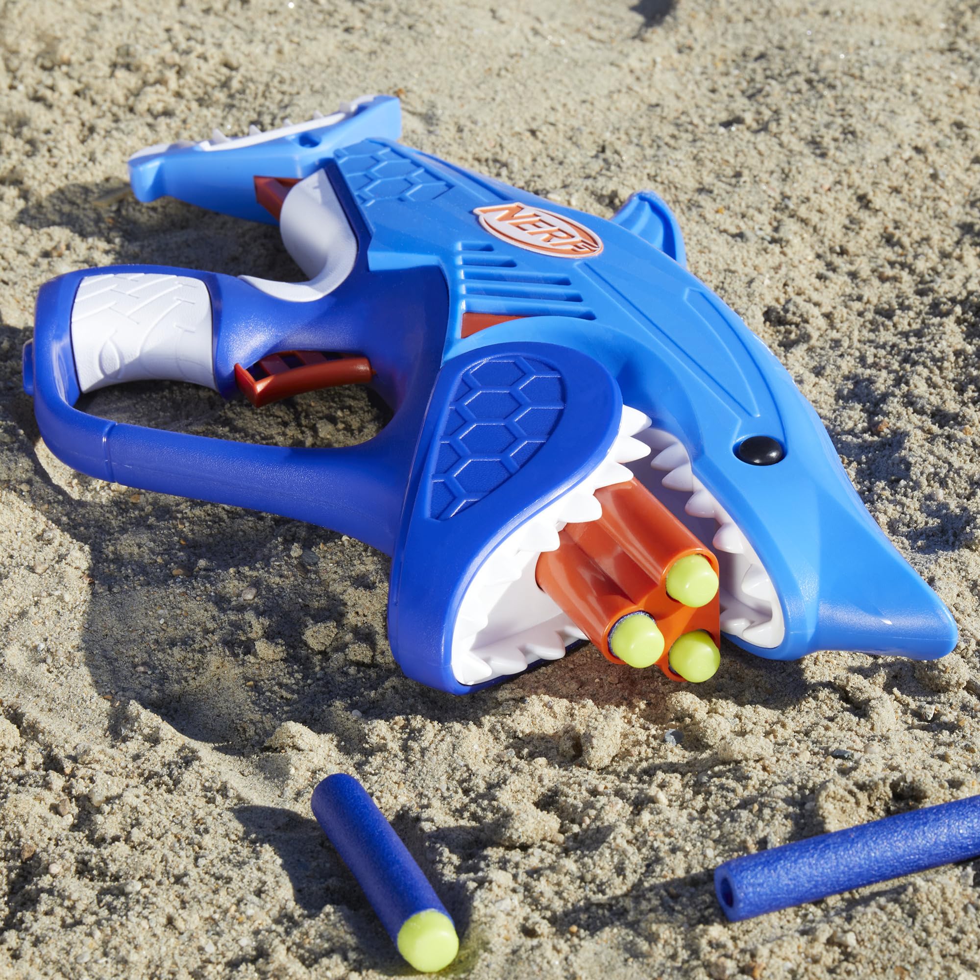 Outdoor-friendly Sharkfire blaster for backyard games.