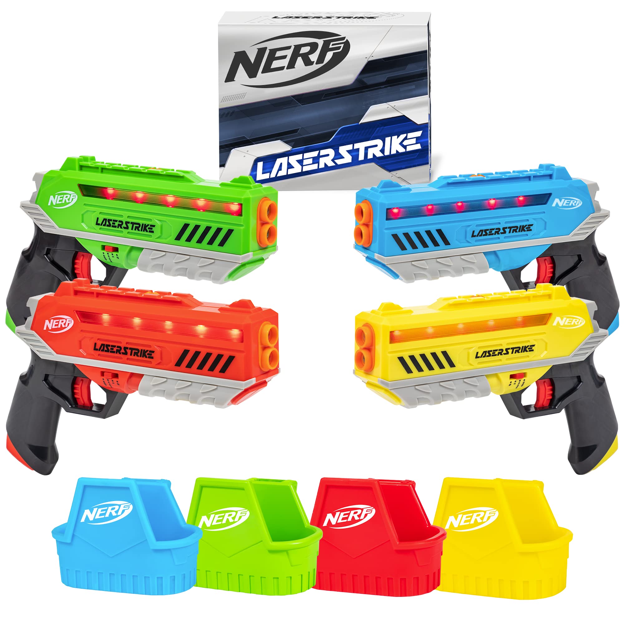 Nerf Laser Strike four blasters and holsters ready for fast-paced battles.