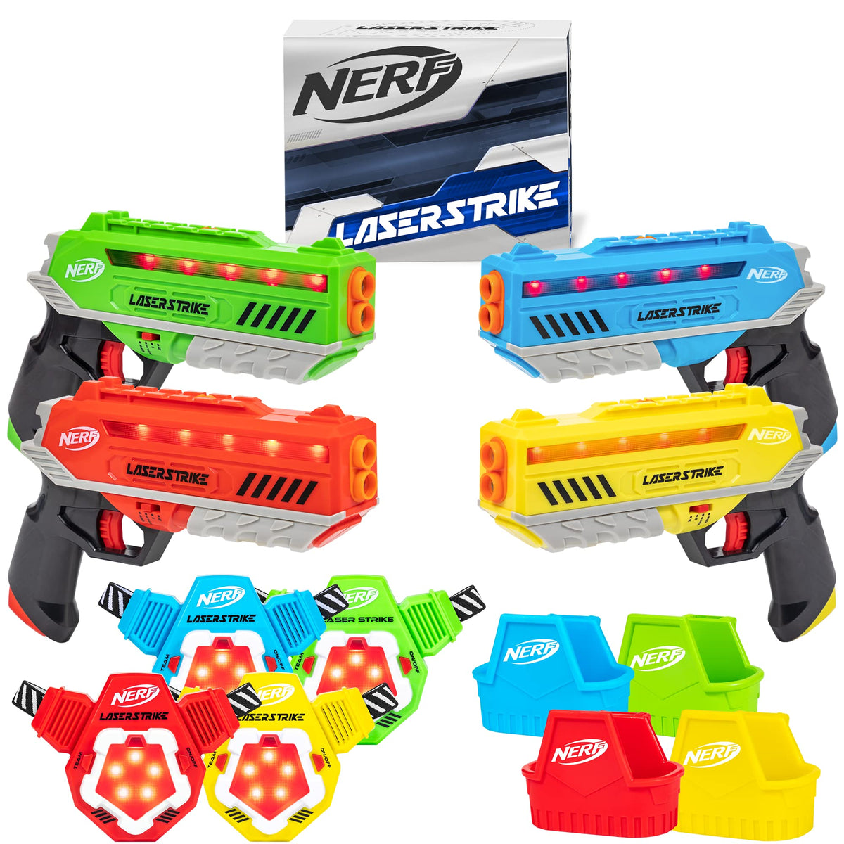Nerf Laser Strike four-blaster pack in action for fast-paced laser tag battles.