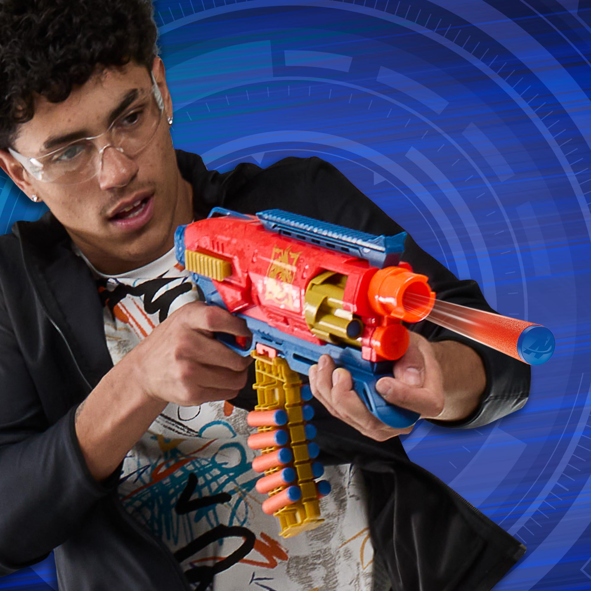 Nerf Loadout Shadowspeed Recon blaster with dart storage attached enables rapid reloading.