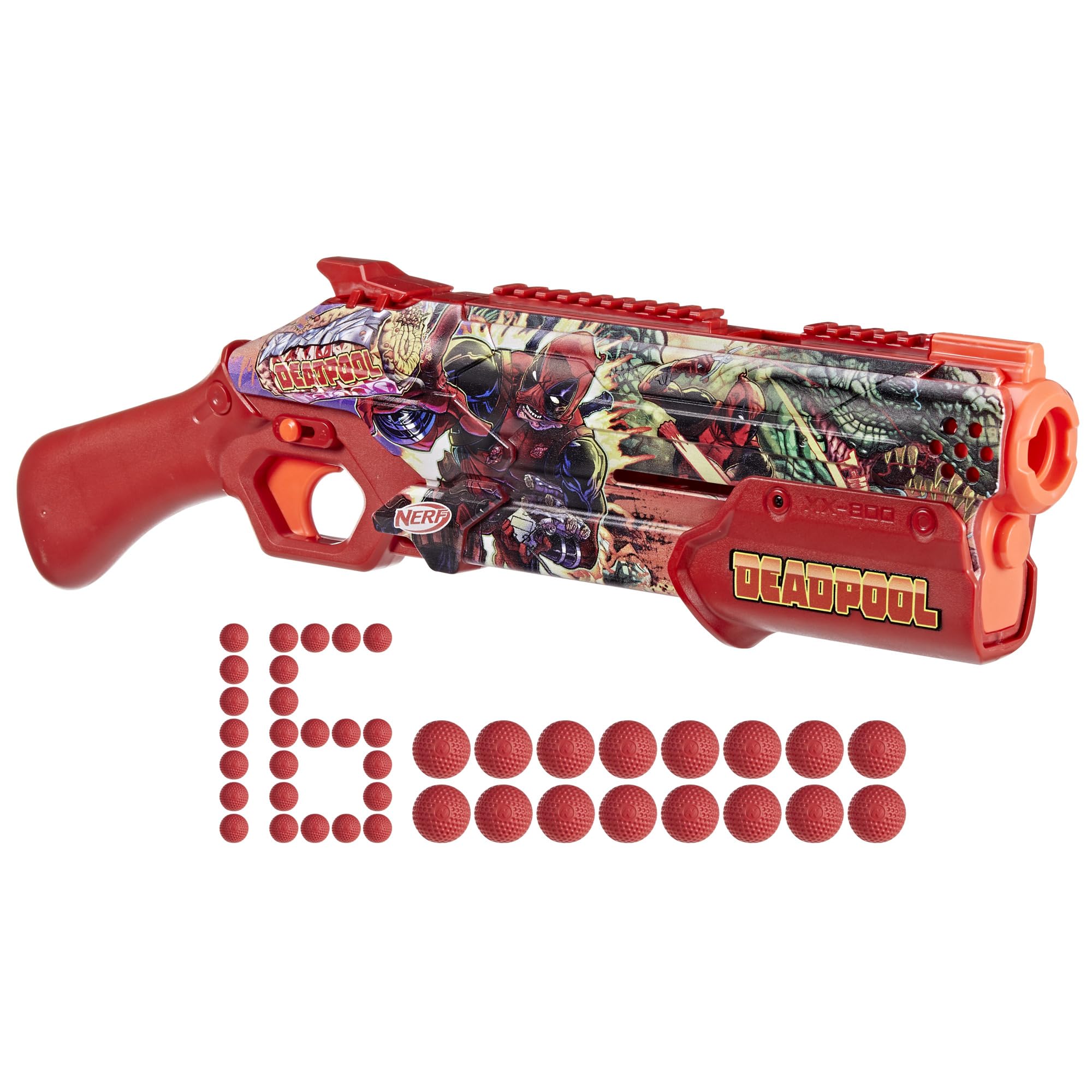 Nerf Marvel Deadpool Blaster front view with bold Deadpool graphics for high-energy battles
