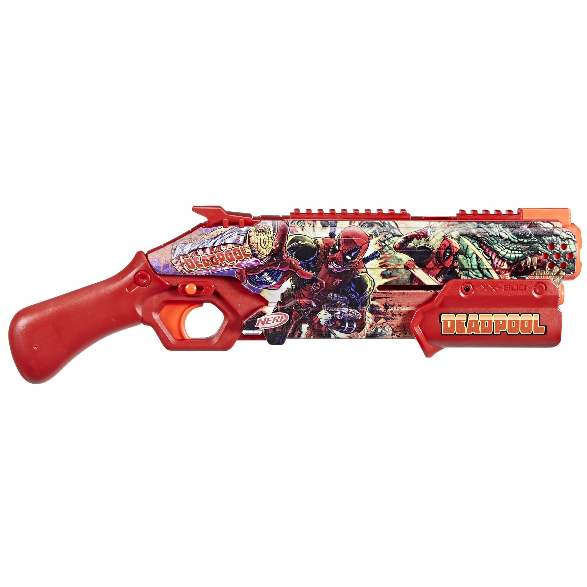 Nerf Marvel Deadpool Blaster priming action highlighting breech-load mechanism