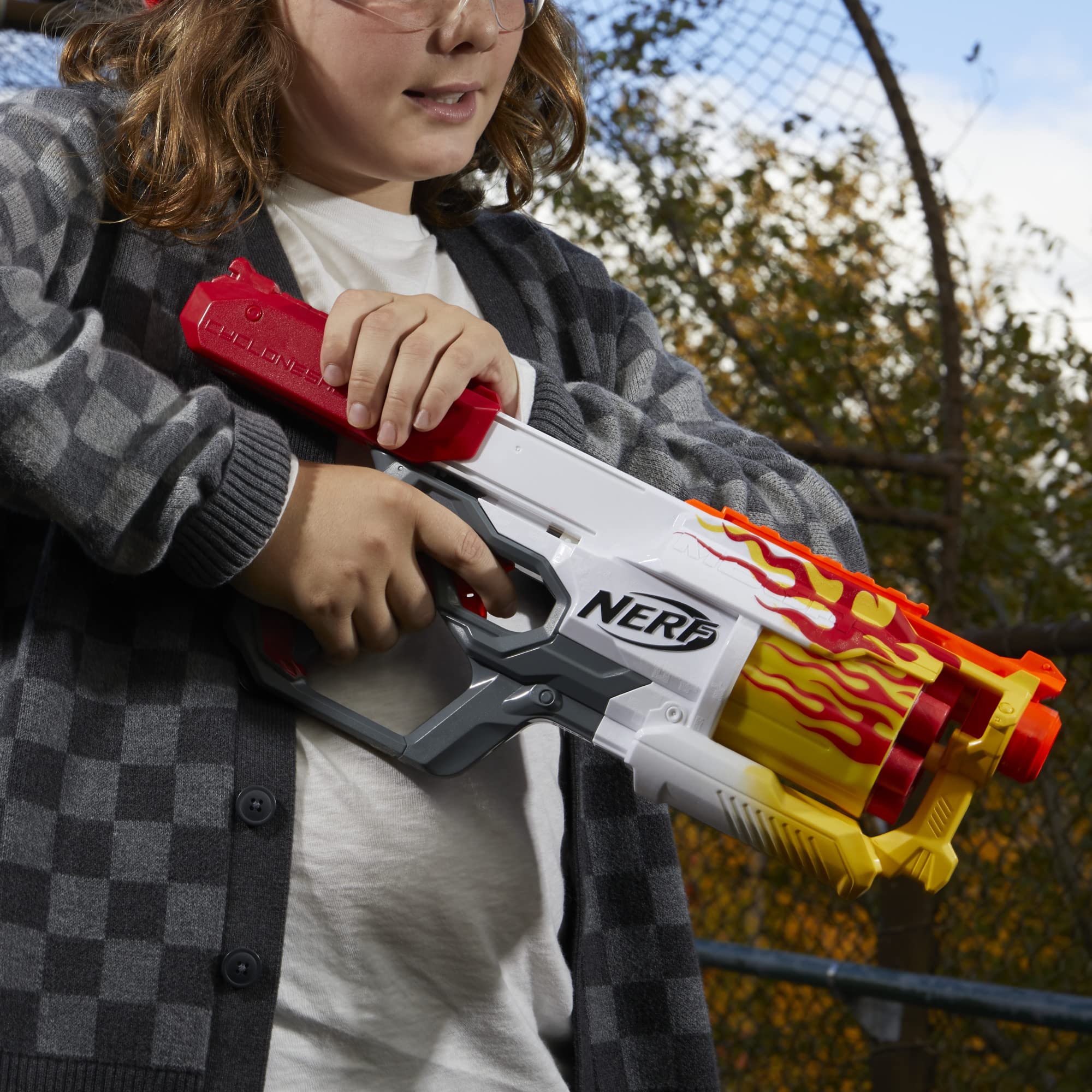 Nerf AccuStrike Mega darts included for improved outdoor accuracy.