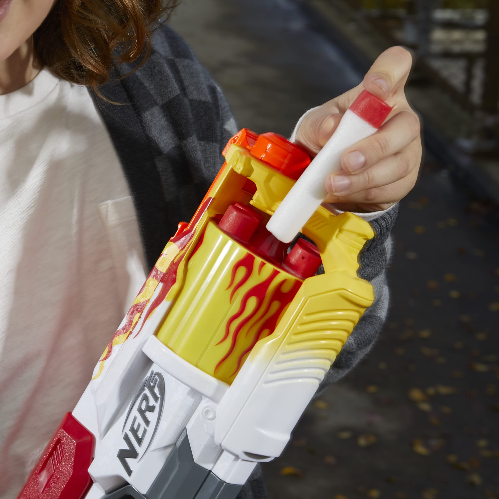 Nerf Mega CycloneShock Hotrod drum shows 6-dart capacity for rapid shots.