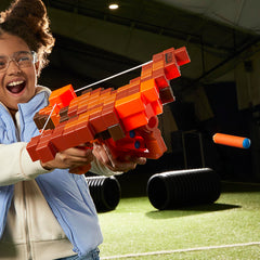 Indoor Nerf battle setup featuring the Minecraft Pillager's Crossbow blaster.