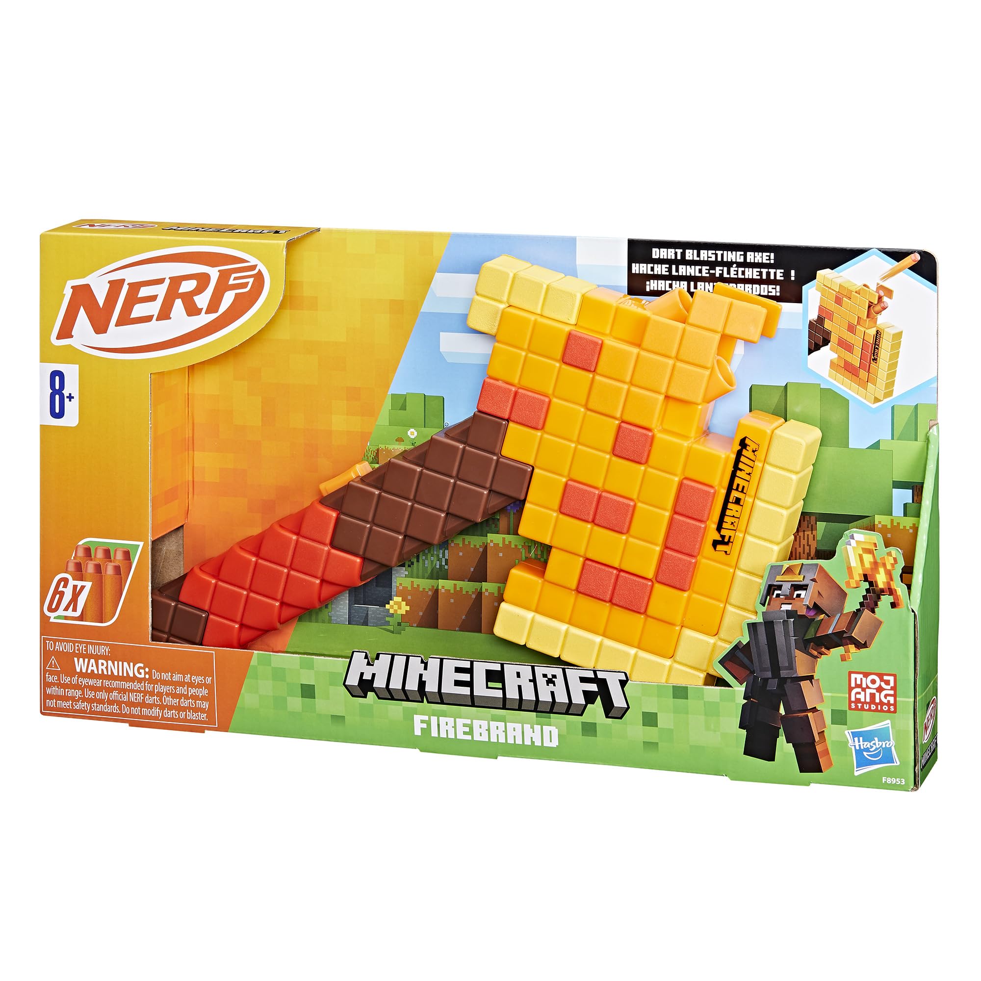Nerf Minecraft Firebrand Axe dart-blasting action demonstrates quick blasting capability during play