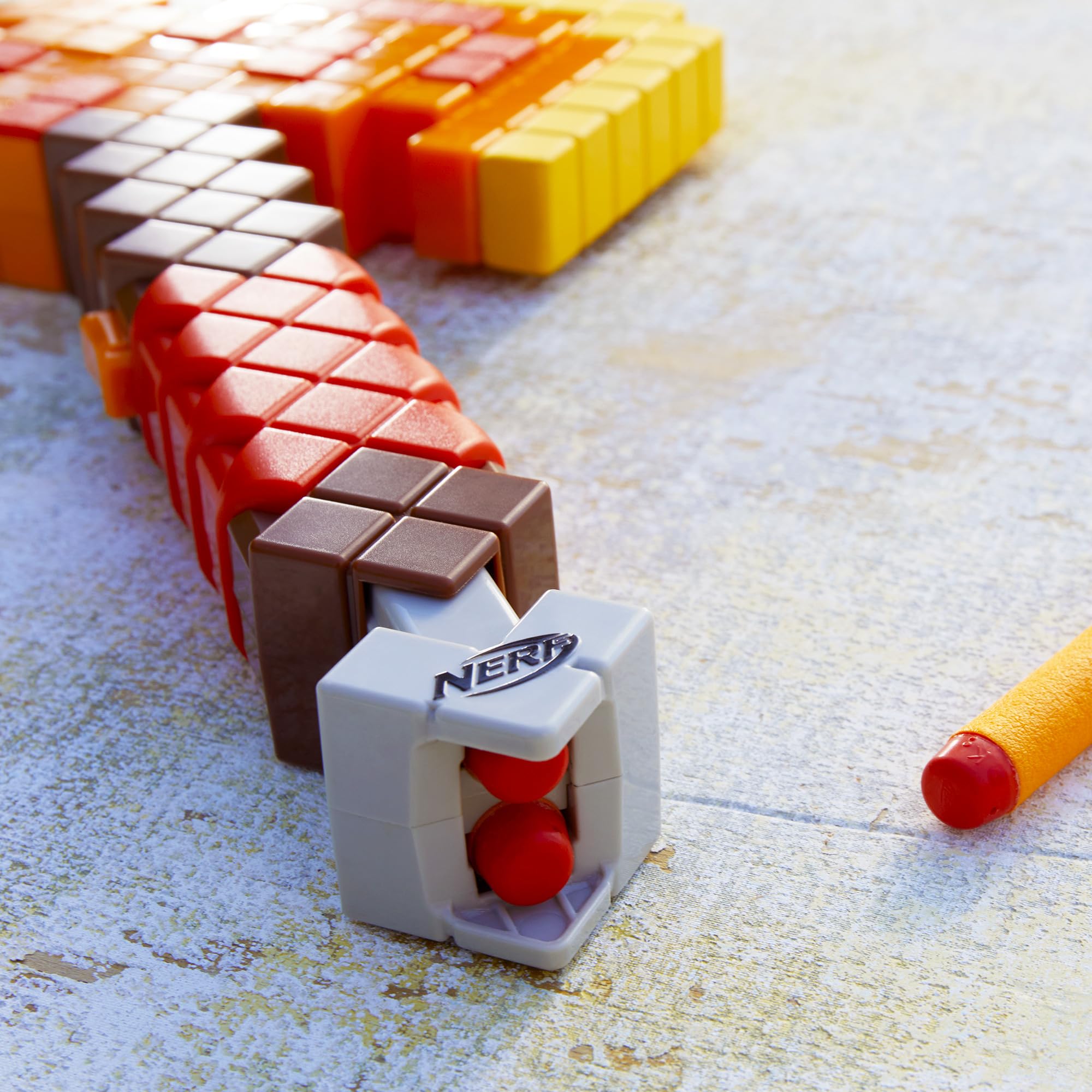 Nerf Minecraft Firebrand Axe dart-storage compartment keeps two extra darts within reach