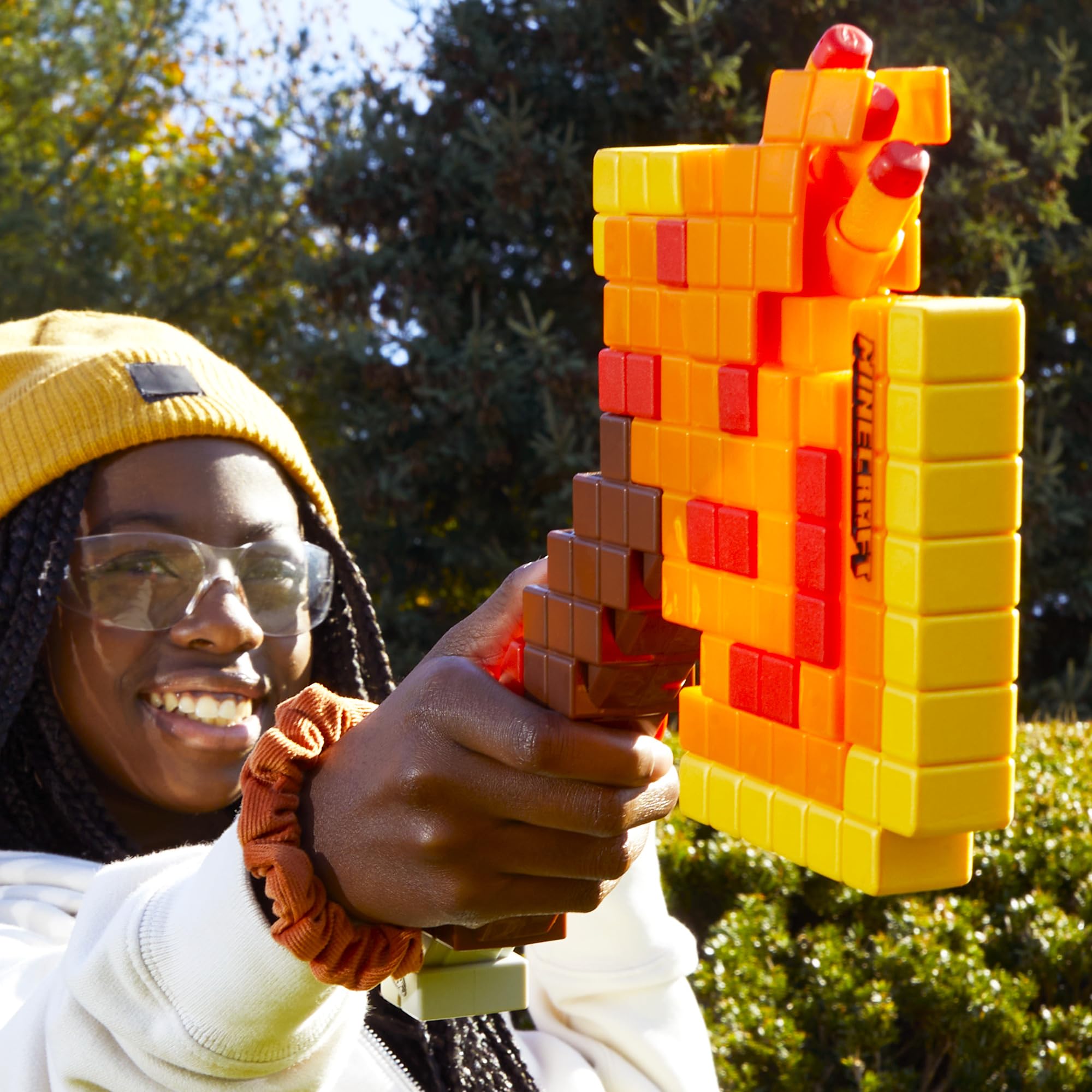 Nerf Minecraft Firebrand Axe foam-edged head for safe contact during pretend battles
