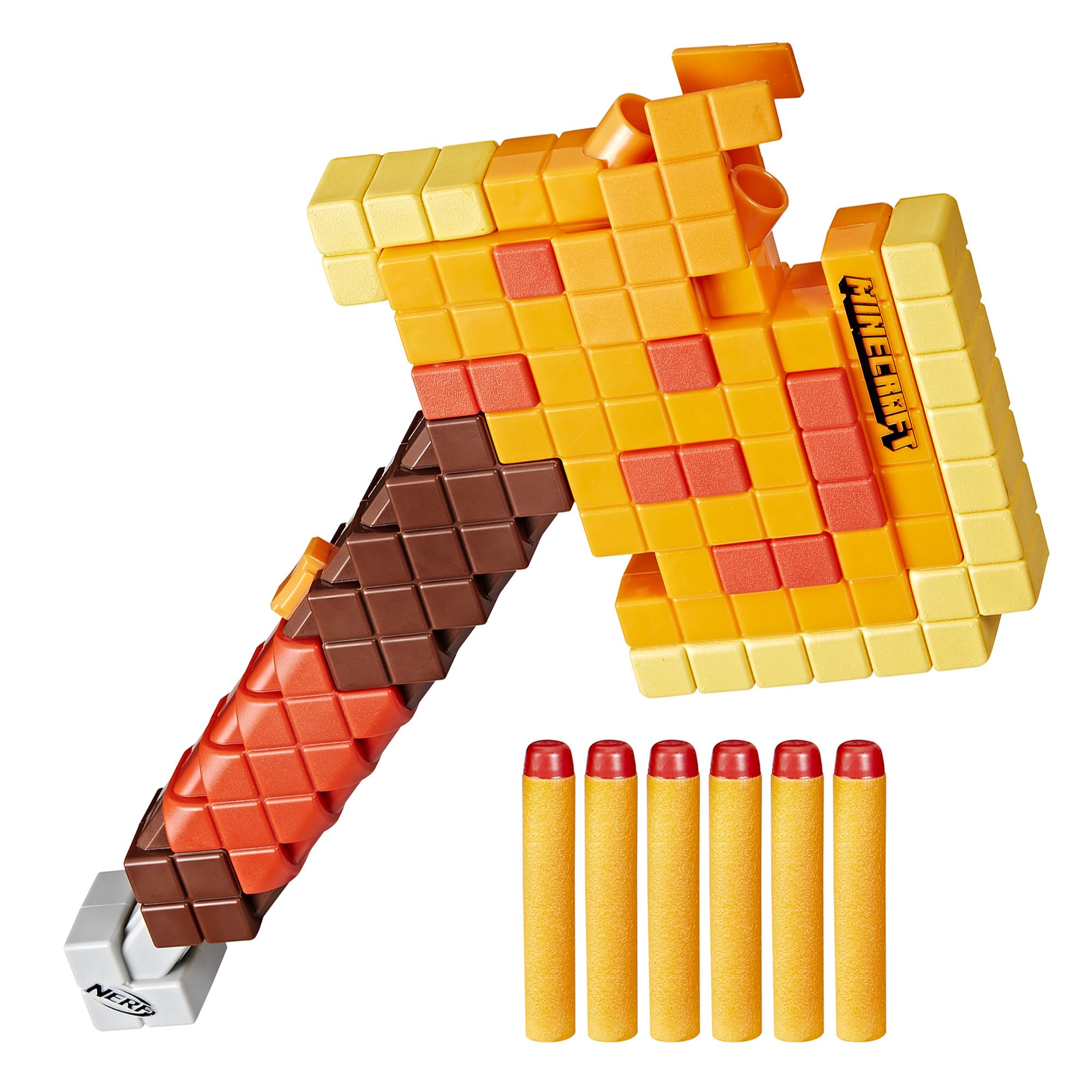 Nerf Minecraft Firebrand Axe front view showing compact, dart-blasting design for active play
