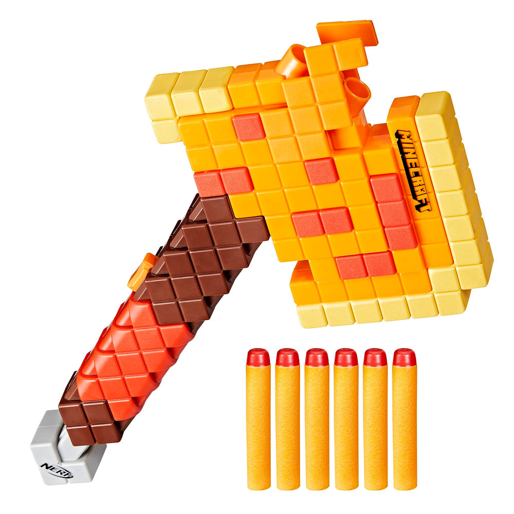 Nerf Minecraft Firebrand Axe front view showing compact, dart-blasting design for active play