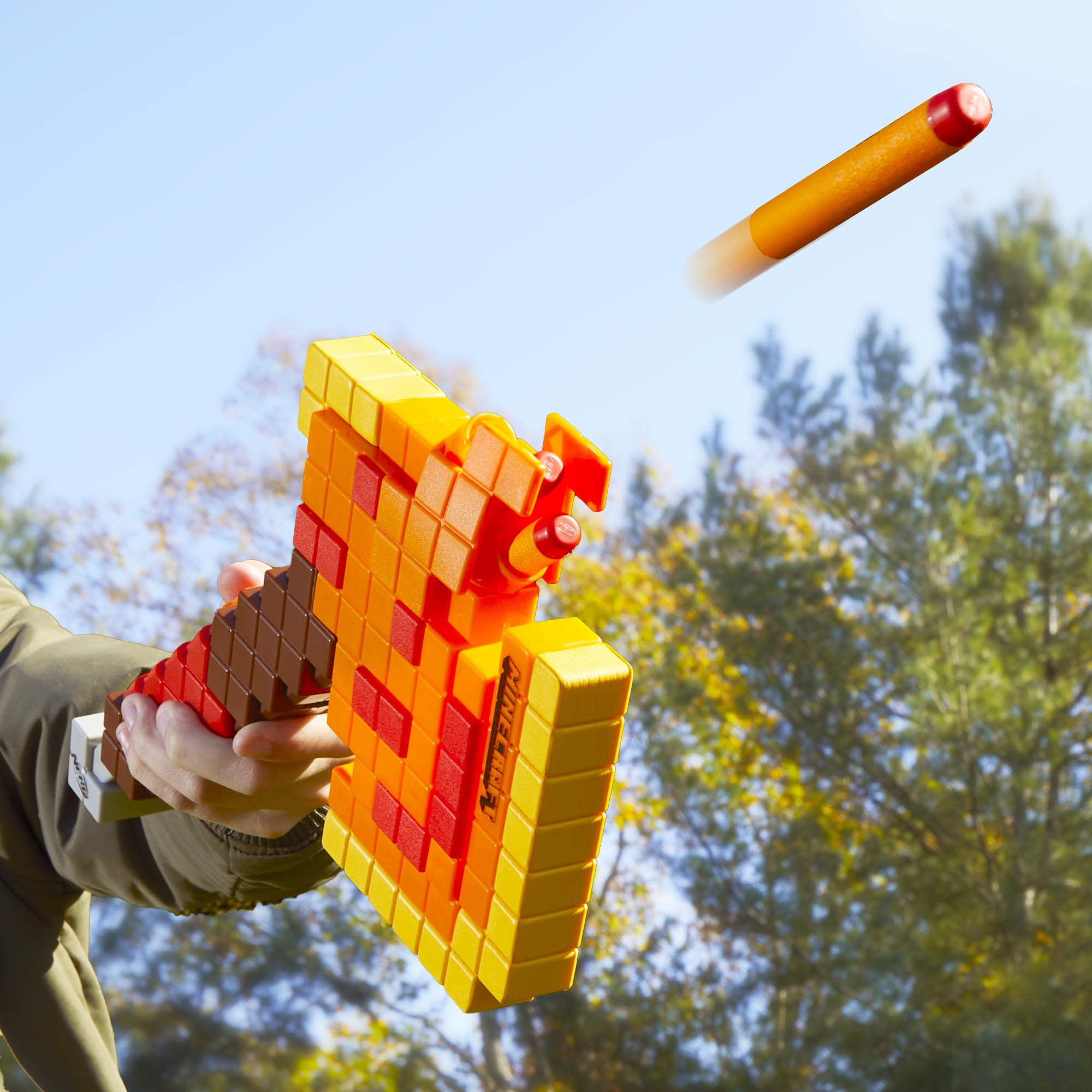 Nerf Minecraft Firebrand Axe priming action enables ready-to-fire fun