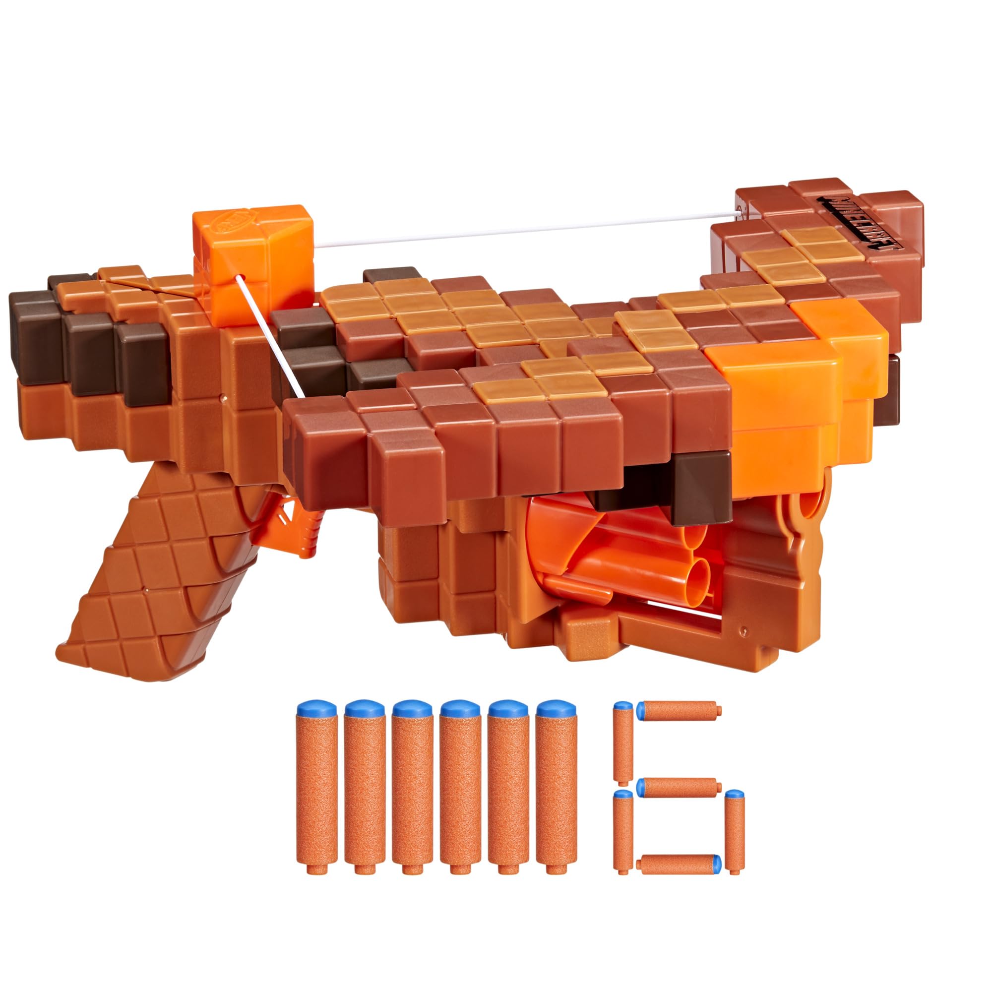 Nerf Minecraft Pillager's Crossbow blaster with six-dart cylinder ready for action-packed play.