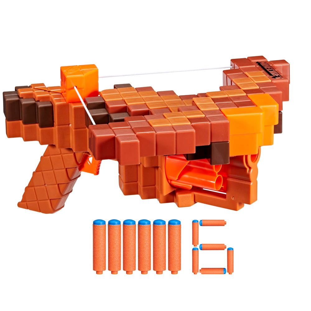 Nerf Minecraft Pillager's Crossbow blaster with six-dart cylinder ready for action-packed play.