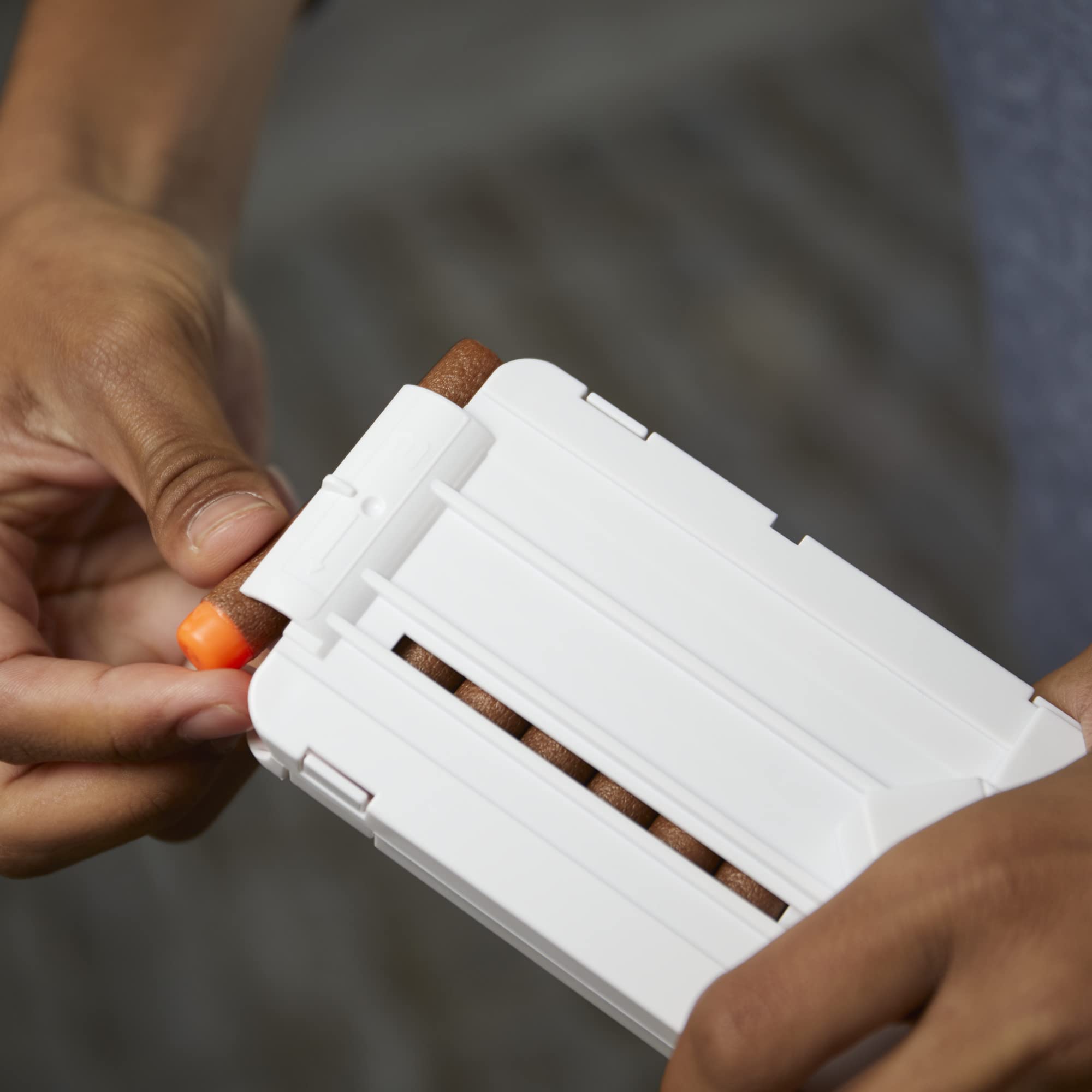 Nerf Minecraft Sabrewing Bow 8-dart clip keeps rounds ready for continuous fire.