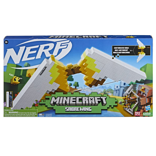 Nerf Minecraft Sabrewing Bow prime-handle enables easy cocking for quick blasts.