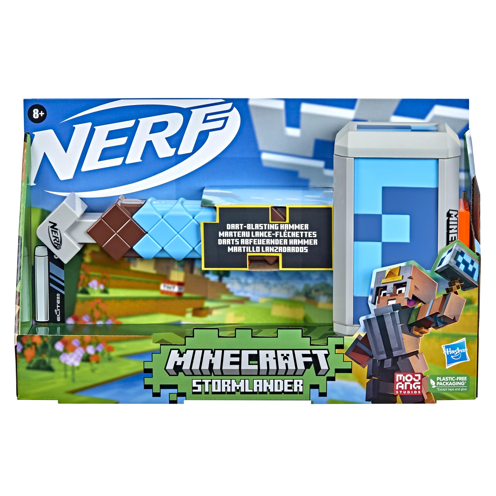 Nerf Minecraft Stormlander hammer side view highlights rugged Minecraft style.