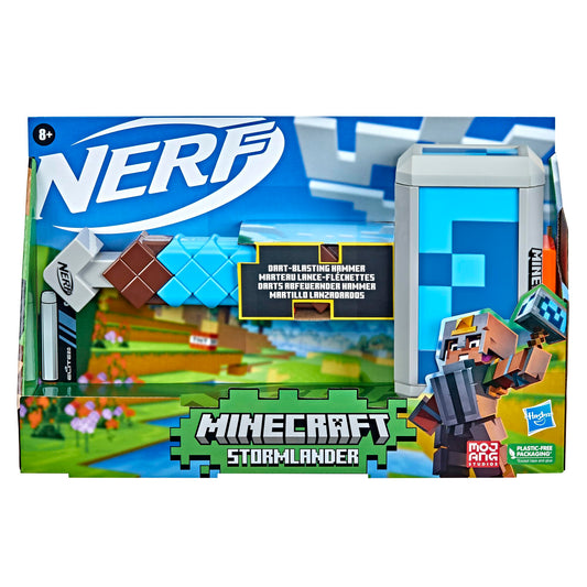 Nerf Minecraft Stormlander hammer side view highlights rugged Minecraft style.