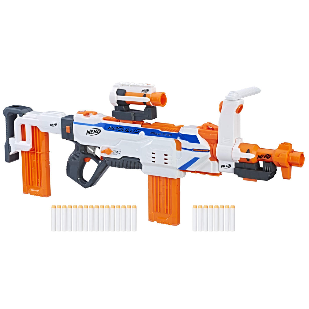 Nerf Modulus Regulator front view showing the blaster ready for action and customization
