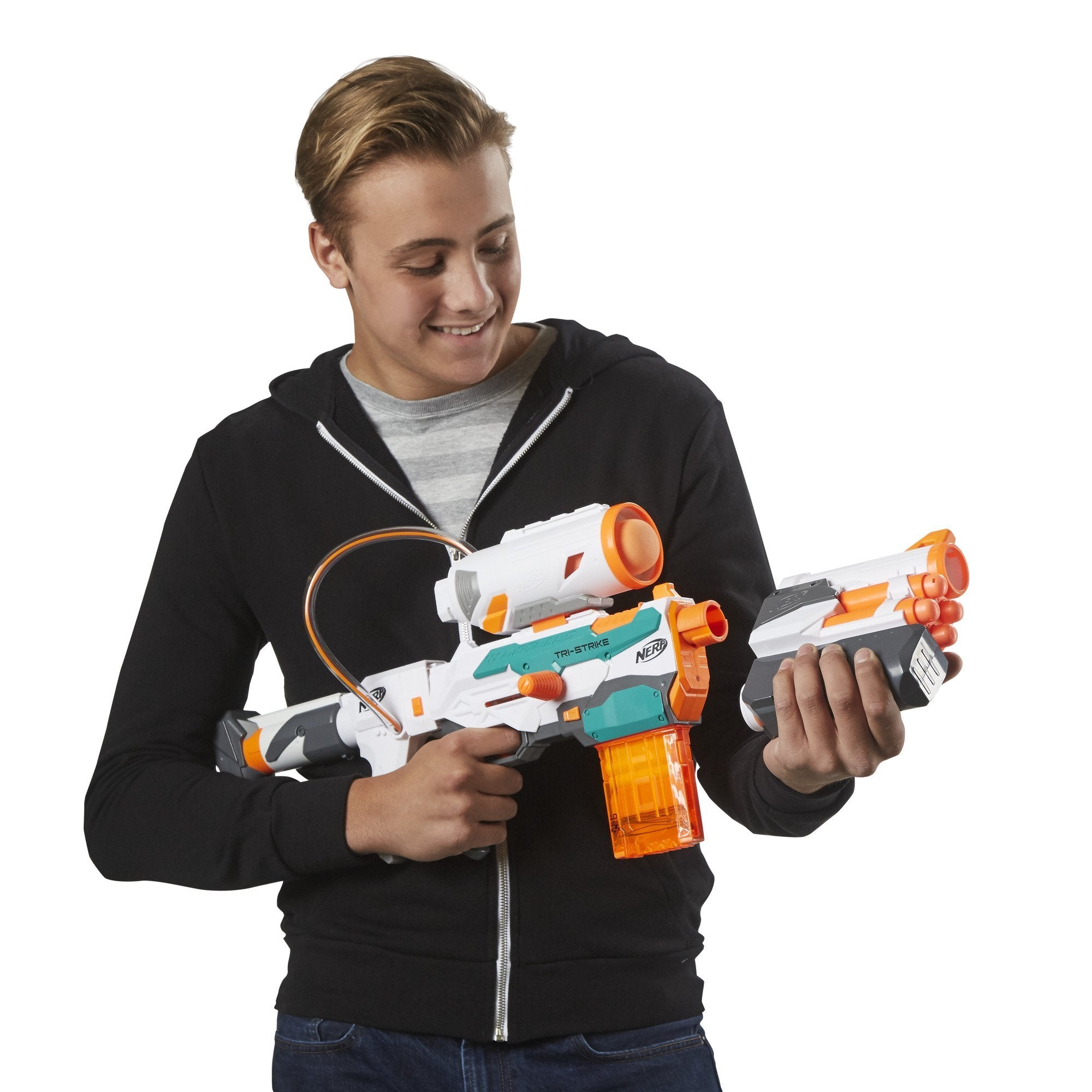 Nerf Modulus Tri-Strike backyard battle setup for friends.