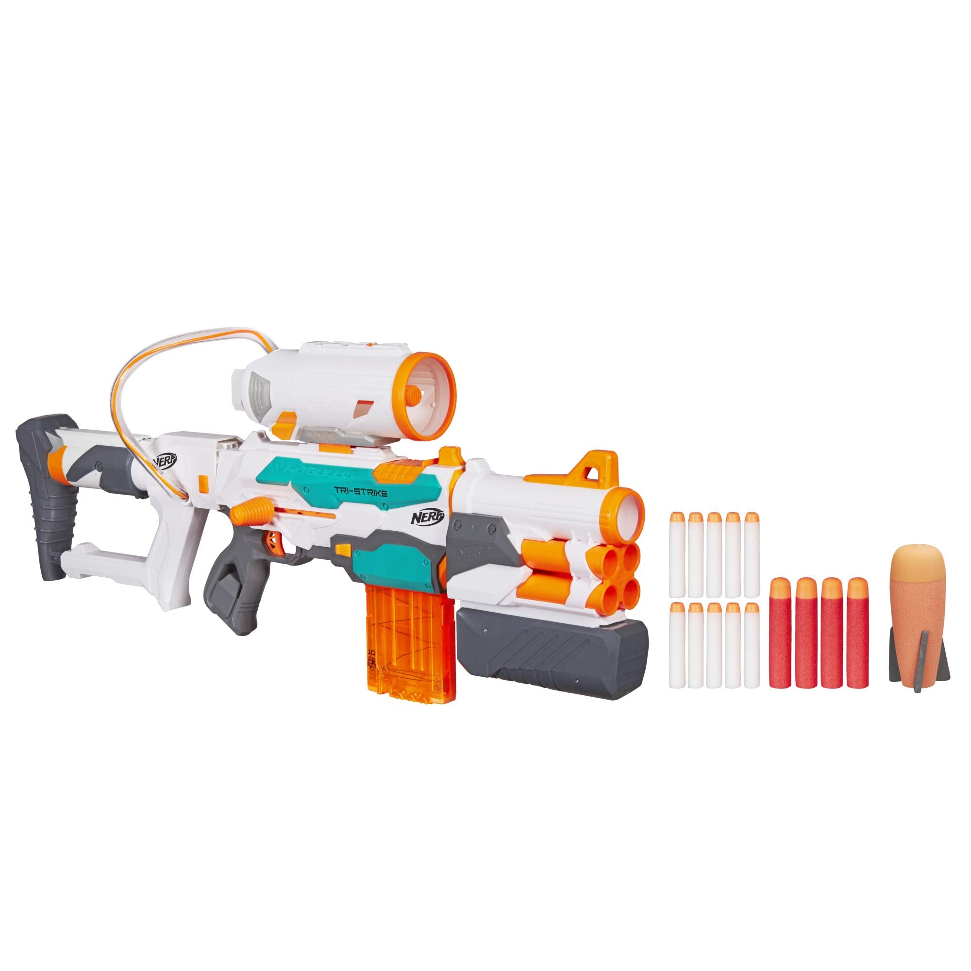 Nerf Modulus Tri-Strike blaster assembled for action-packed backyard battles.