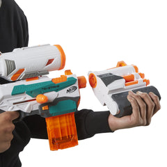 Nerf Modulus Tri-Strike foam rocket in flight-ready pose.