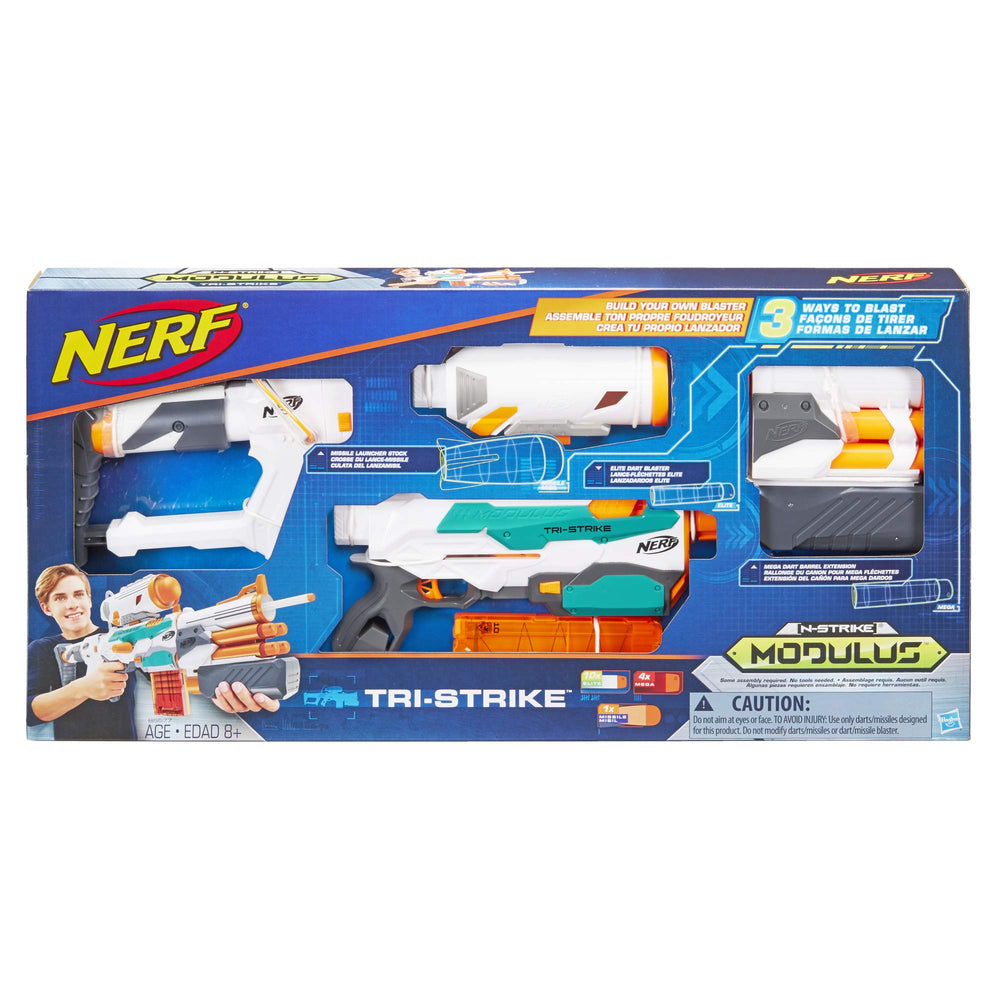 Nerf Modulus Tri-Strike with Mega Barrel attached for extended range play.