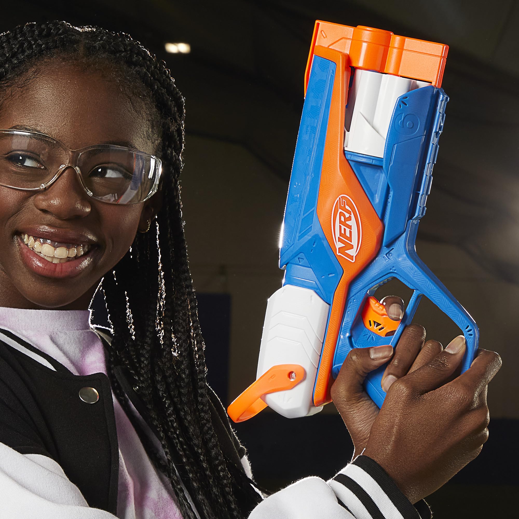 Nerf branding on the Agility Blaster with Hasbro logo