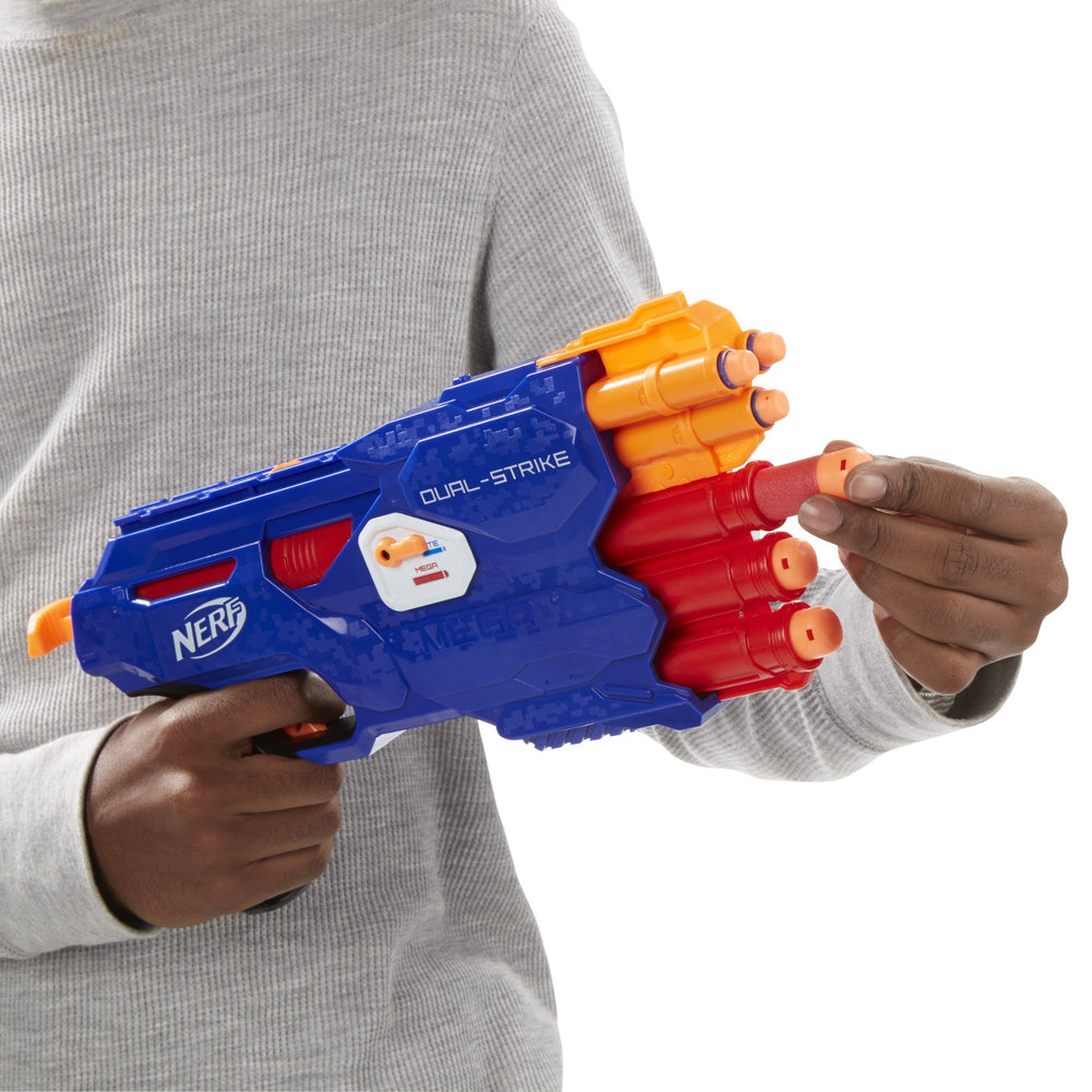 Nerf N-Strike Elite Dual-Strike blaster rapid-fire pose.