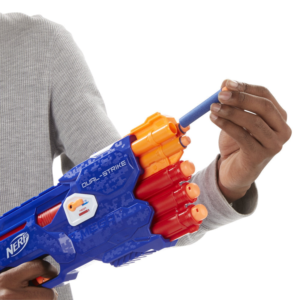 Nerf N-Strike Elite Dual-Strike blaster reloading action shot.